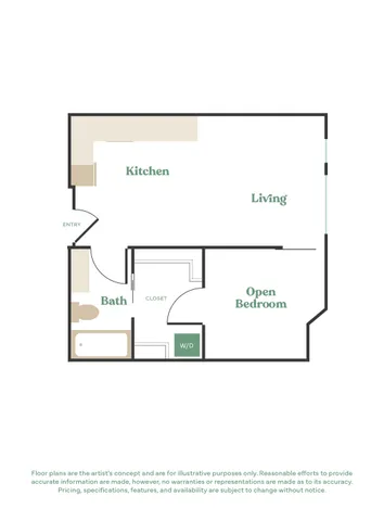Modern floor plan featuring an open bedroom, spacious living area, and a well-equipped kitchen with direct entry. Includes a convenient bathroom and in-unit washer/dryer.