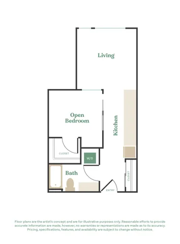 Modern floor plan showcasing an open bedroom, living area, sleek kitchen, and spacious bath with ample storage.
