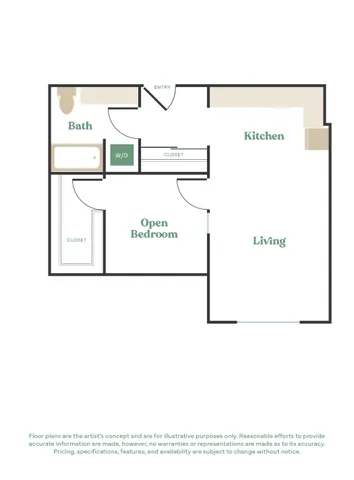 Charming floor plan featuring a spacious open bedroom, elegant kitchen, cozy living area, and a convenient bath with washer/dryer unit.