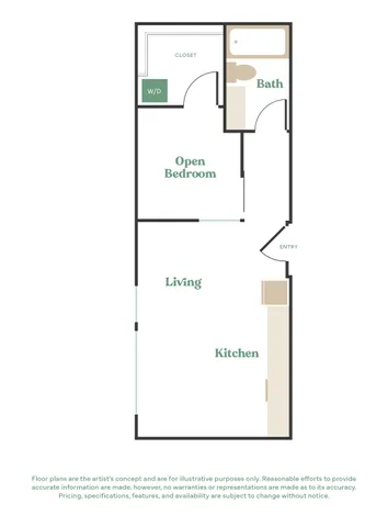Modern studio apartment floor plan with open bedroom, bathroom, and combined living and kitchen area, featuring a convenient closet and washer/dryer space.