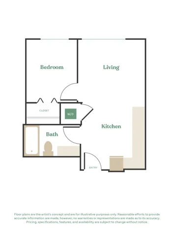 Modern apartment floor plan with 1 bedroom, spacious living area, inviting kitchen, and well-appointed bathroom.