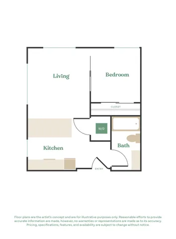 Charming floor plan showcasing a modern 1-bedroom layout with a spacious living area, sleek kitchen, and convenient bath, designed for comfort and style.