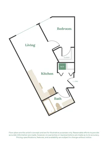 Contemporary floor plan showcasing a spacious bedroom, open-concept living and kitchen area, and modern bath, complete with closet and in-unit washer/dryer.