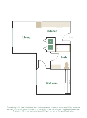 Modern 1-bedroom apartment floor plan featuring an open-concept living and kitchen area, with a convenient bathroom and in-unit washer and dryer.