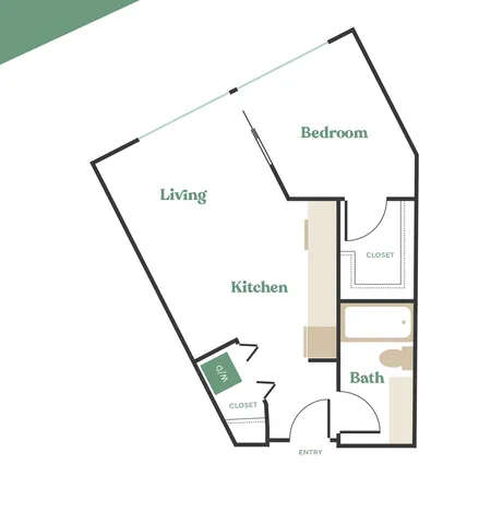 Modern 1-bedroom apartment floor plan featuring an open living area, sleek kitchen, and a cozy bathroom. Includes washer/dryer and ample closet space.