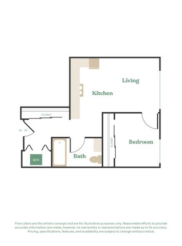 Compact floor plan featuring 1 bedroom, modern kitchen, cozy living area, and convenient bath with washer/dryer.