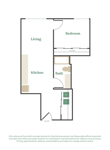 Elegant floor plan showcasing a cozy bedroom, spacious living area, and modern kitchen, complete with a convenient bathroom and in-unit laundry.