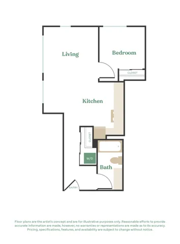 Modern 1-bedroom floor plan with spacious living area and efficient kitchen layout. Includes luxurious bath and ample closet space.
