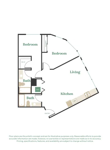 Modern floor plan featuring 2 spacious bedrooms, a stylish living area, and a sleek kitchen, perfect for contemporary living.