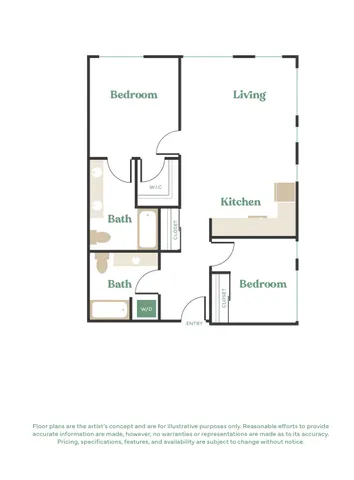 Modern 2D floor plan featuring 2 bedrooms, open living area, stylish kitchen, and dual bathrooms, ideal for comfortable living.