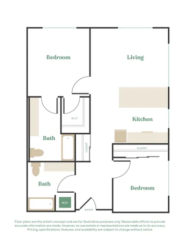 Modern 2-bedroom floor plan showcasing an open living area with a spacious kitchen, two elegant baths, and walk-in closets.
