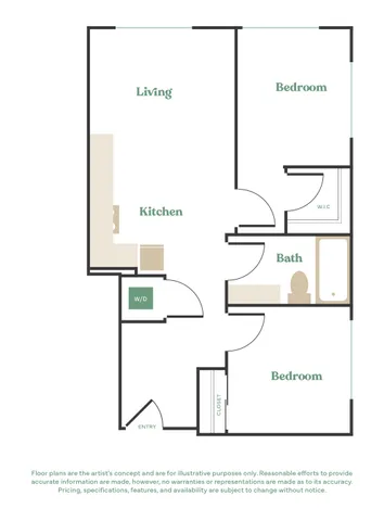 Contemporary floor plan showcasing 2 bedrooms, inviting living space, modern kitchen, and convenient bath.