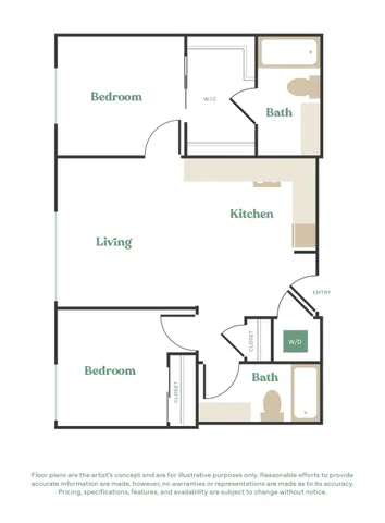 Modern apartment floor plan featuring 2 bedrooms, 2 bathrooms, an open living area, and a spacious kitchen with a walk-in closet.