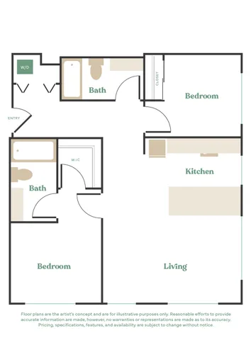 Modern 2-bedroom floor plan with spacious living area, elegant kitchen, and two sleek bathrooms including a walk-in closet.