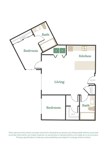 Modern floor plan displaying 2 bedrooms, 2 baths, spacious kitchen, and inviting living area.