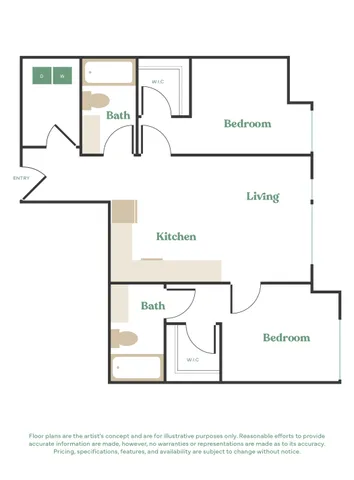 Modern floor plan featuring two spacious bedrooms, open living area, sleek kitchen, and two bathrooms with walk-in closets.