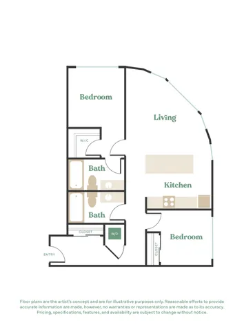 Contemporary 2D floor plan showcasing 2 bedrooms, an inviting living area, and a modern kitchen, complete with two stylish bathrooms.