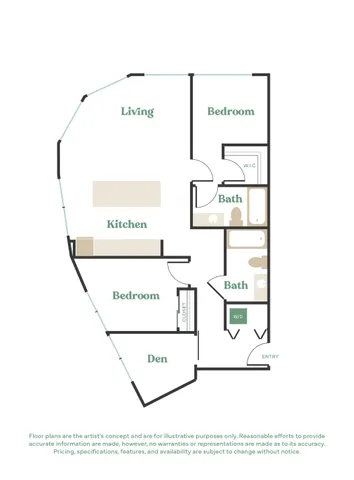 Modern apartment floor plan featuring 2 bedrooms, 2 bathrooms, a spacious living area, sleek kitchen, and cozy den.