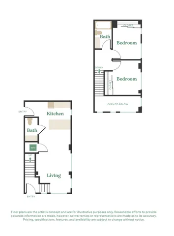 Modern two-story floor plan featuring two bedrooms, open living area, and a contemporary kitchen.