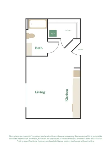 Modern 1-bedroom apartment floor plan featuring an open living area, efficient kitchen, and spacious bath with a dedicated W/D space.