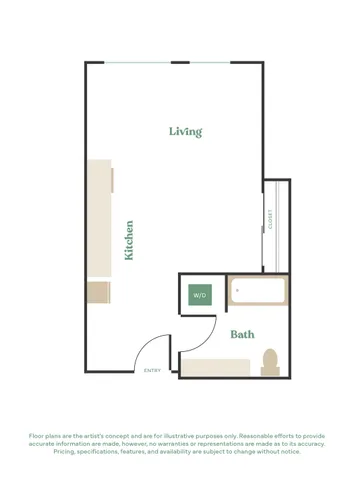Chic floor plan showcasing an open living area, modern kitchen, and a spacious bath with washer/dryer.
