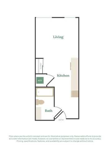 Modern floor plan featuring a streamlined layout with a single bath, spacious living area, functional kitchen, and in-unit washer/dryer.