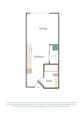 Efficient studio apartment floor plan featuring a spacious open-concept living and kitchen area, a cozy bath, and convenient closet space.