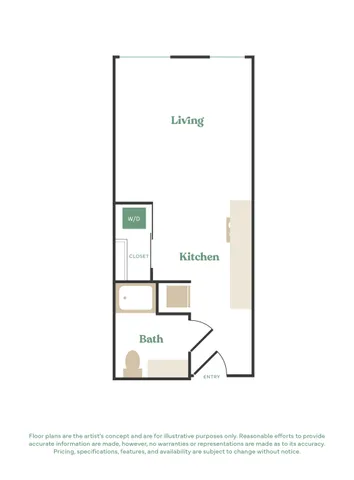 Modern floor plan featuring a spacious living area, sleek kitchen, and cozy bath with integrated closet space.