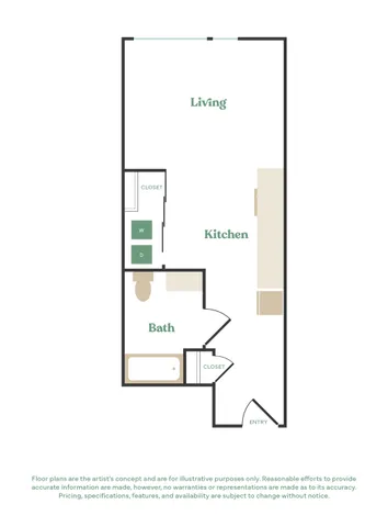 Modern floor plan featuring an open living area, stylish kitchen, spacious bath, and convenient closets.
