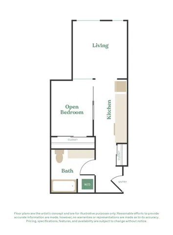 Chic 2D floor plan showcasing an open-concept living area, sleek kitchen, open bedroom, and modern bath.