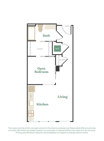 Chic floor plan featuring an open bedroom, spacious living area, modern kitchen, and convenient bath layout with ample closet space and in-unit washer/dryer.
