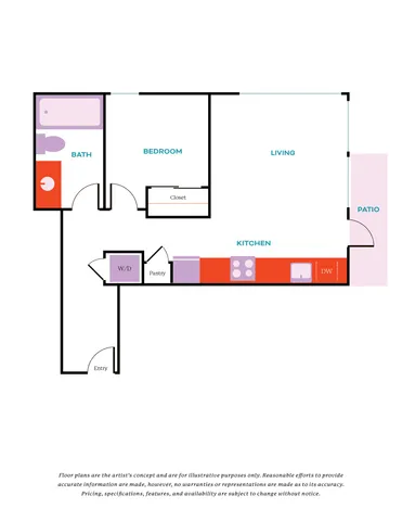 Chic floor plan highlighting a modern 1-bedroom apartment with open living area, sleek kitchen, cozy patio, and convenient bath.