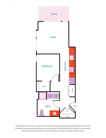 Modern floor plan featuring a bedroom, spacious living area, kitchen with pantry, and private patio.