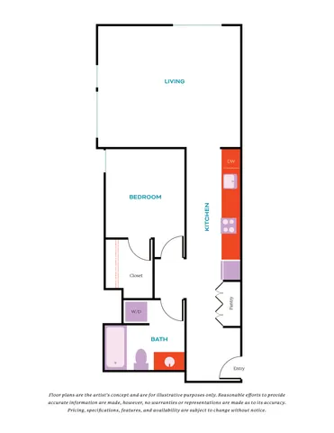 Chic floor plan featuring a cozy bedroom, spacious living area, modern kitchen, and stylish bath with walk-in closet and in-unit laundry.