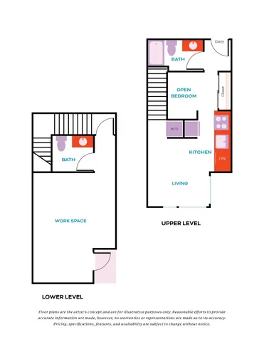 Modern duplex floor plan showcasing upper level with an open bedroom, kitchen, and living area and lower level workspace with a dedicated bath, ideal for creative living.