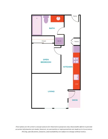 Modern floor plan showcasing an open bedroom, sleek kitchen, and inviting living area with access to a cozy deck.