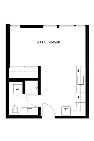 Efficient studio apartment floor plan with modern kitchen, cozy living area, and compact bathroom, covering 403 sq ft.