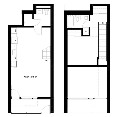 Modern 2-level floor plan featuring 2 bathrooms, a spacious kitchen with appliances, and an open living area, totaling 811 square feet.