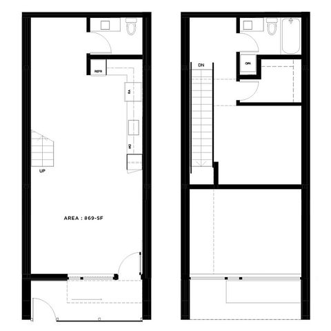 Modern floor plan showcasing 869 sq ft with an elegant spiral staircase, efficient kitchen layout, and spacious living and dining area.