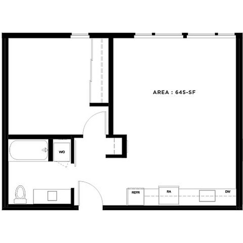 Chic studio floor plan featuring an open layout with modern kitchen, cozy living area, and efficient bathroom, covering 645 sq ft.