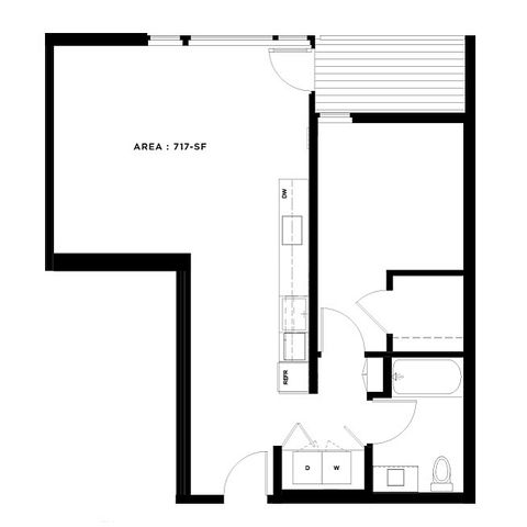 Contemporary apartment floor plan featuring a spacious open area, sleek kitchen with dishwasher, and modern bathroom, covering 717 sq ft.