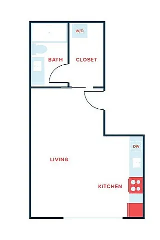 Efficient 1-bedroom apartment floor plan featuring an open-concept living and kitchen area, spacious closet, and convenient bath location.
