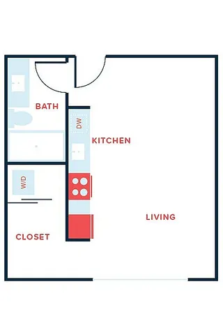 Modern floor plan showcasing a cozy layout with a bath, kitchen with dishwasher, dedicated living area, and ample closet space.