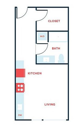 Contemporary floor plan showcasing an open living area, sleek kitchen, and elegant bath with a spacious closet.