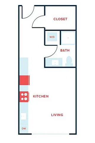 Efficient studio apartment floor plan featuring an open living area, modern kitchen, cozy bath, and convenient closet space.