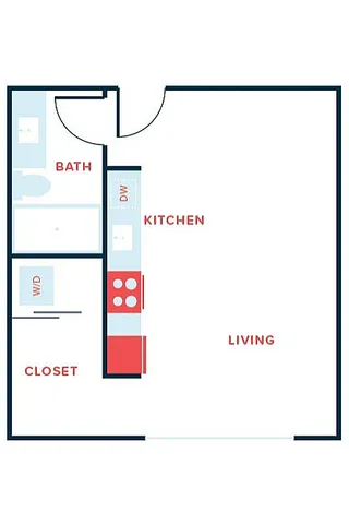 Charming floor plan showcasing an open living area, compact kitchen, cozy bathroom, and convenient closet space.