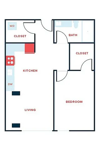 Modern floor plan of a one-bedroom apartment featuring an open kitchen, spacious living area, bathroom, and ample closet space.