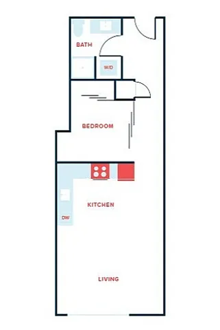 Modern apartment floor plan featuring one bedroom, a cozy kitchen, and an inviting living area, complete with bath and washer/dryer space.
