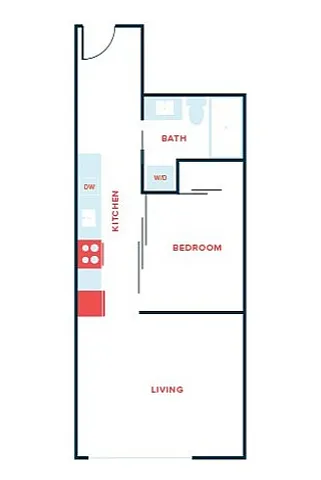 Modern single-bedroom floor plan with a streamlined kitchen, cozy living area, and integrated bath space.