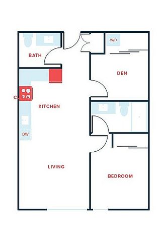 Modern floor plan featuring 1 bedroom, a den, open kitchen, and living area with bathroom and laundry facilities.